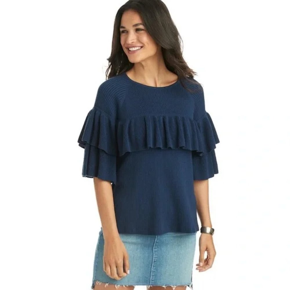 EUC Vineyard Vines Navy Ribbed Knit Ruffle Hem Short Sleeve Sweater Size XS